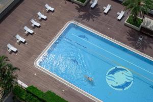 礁溪长荣凤凰酒店（礁溪）的享有带椅子的大型游泳池的顶部景色