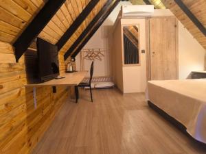 哈塔伊Motto Wood Otel的一间卧室配有一张床和一张书桌及电视