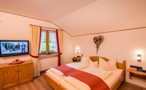 格赖瑙Hotel Alpspitz B&B的一间卧室配有一张大床和电视