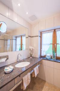 格赖瑙Hotel Alpspitz B&B的一间带水槽和镜子的浴室