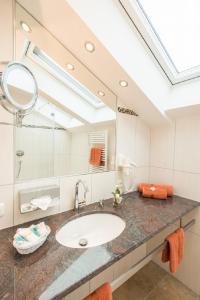 格赖瑙Hotel Alpspitz B&B的一间带水槽和大镜子的浴室
