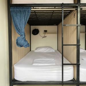 麦德林La Familia Hostel - Manila的双层床,配有白色床单和顶部帽子