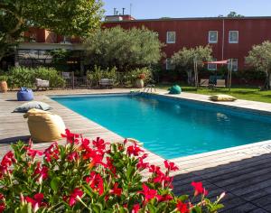 阿维尼翁拉瓦林贝斯特韦斯特优质酒店的一座在大楼前方的游泳池,里面装有红色的鲜花