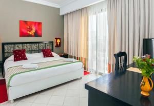 乌姆苏克Le Petit Palais Djerba & Spa的酒店客房配有一张床、一张书桌和一张书桌。