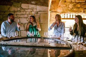 帕斯特伦戈Relais Forte Benedek Wine & SPA - Adults Only的一群人坐在桌子旁,戴着酒杯