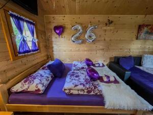 科雷尼察Cottage La Sierra with JACUZZI的一间客房配有一张带紫色枕头的床和第二张