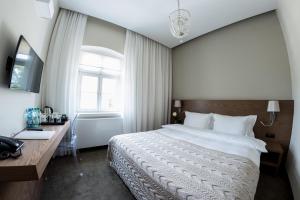 WilkówHotel Jakubus的一间卧室配有一张床、一张书桌和一个窗户。
