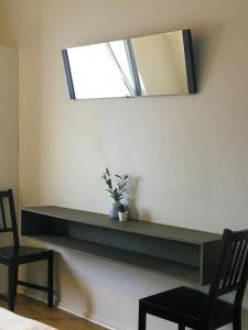 松兹瓦尔Liz Motell的墙上的架子,上面有镜子和植物