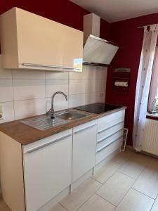 Ferienwohnung Hinzweiler的厨房配有白色橱柜和水槽