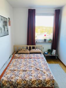 哥德堡Cozy room in a shared apartment close to nature的一间卧室设有一张大床和大窗户