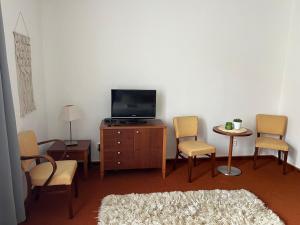 布尔诺附近斯拉夫科夫Simply rooms的客厅配有电视、椅子和桌子