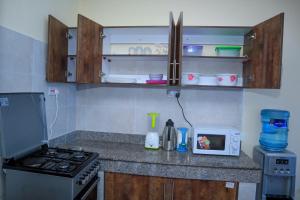 尼亚利Pavillion Suites, pazuri Homes的厨房柜台配有炉灶和微波炉
