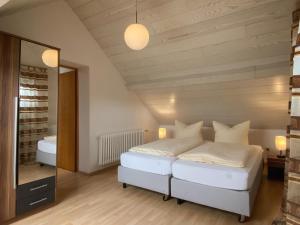 菲尔森伯杰故居酒店-餐厅的一间卧室配有两张床和镜子