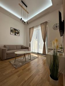 兹拉蒂博尔Zlatiborske terase Spa&Wellness的客厅配有沙发和桌子