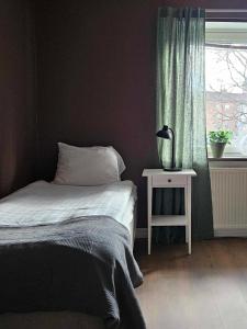 阿沃斯塔Lilla Älvbrogården i stan的一间卧室配有一张床和一张桌子及窗户