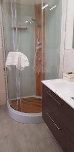 格拉维纳普利亚Masseria Santa Maria的带淋浴的浴室和玻璃门