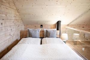 韦吉斯Unterkunft SPYCHER WEGGIS的小木屋内一间卧室,配有两张床