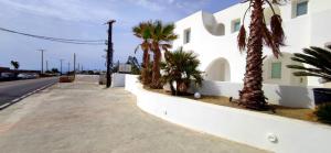 凯勒里瓦迪Mykonian Iros Suites & Villas的一条白色的建筑,旁边是一条街道,上面有棕榈树