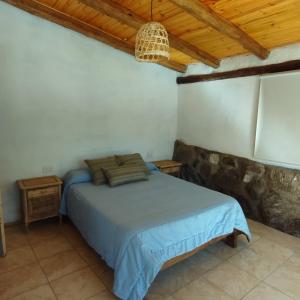 Piedras BlancasComplejo Cerro Norte的一间卧室设有一张床和木制天花板