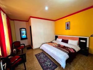 巴德里纳特Badrinath Guest House的一间卧室配有一张床、一把椅子和电视