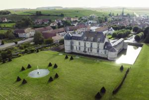 埃托日Le Château D'Etoges的绿色田野上一座大建筑的空中景观