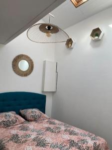 比亚里茨Loft Biarritz proximité Mer et Golf的卧室配有一张床,墙上设有镜子