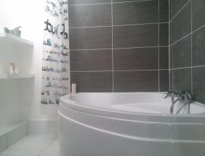 比亚里茨Loft Biarritz proximité Mer et Golf的带淋浴的浴室配有白色浴缸。