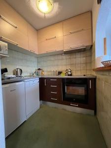 萨拉热窝Guesthouse Vratnik的厨房配有白色家电和棕色橱柜