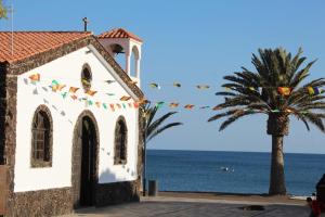 LajitaLa Lajita Barca Beach的棕榈树和海洋旁的教堂