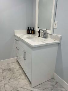 坎卢普斯River View House Basement的白色的浴室设有水槽和镜子