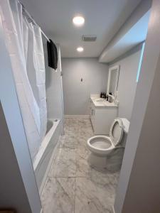 坎卢普斯River View House Basement的浴室配有卫生间、浴缸和水槽。
