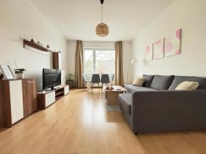 汉诺威Cozy Apartment in Hannover Central的客厅配有灰色的沙发和电视
