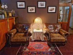塔博尔ROMANTIK HOTEL ELEONORA的客厅配有两张真皮座椅和一张带台灯的桌子
