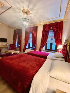 卡尔斯Hotel Katerina Sarayı 1877的一间卧室配有红色窗帘和一张红色大床