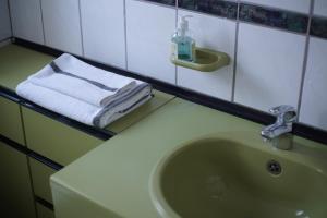 维利希ruhiges Gästezimmer in Messenähe的一间带水槽和毛巾的浴室
