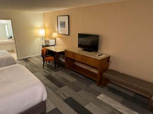 蒙蒂塞洛Abajo Lodge的酒店客房配有一张床和一张书桌及一台电视