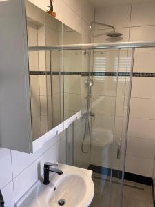 乌马格Apartments Lia-Jolie的一间带水槽和玻璃淋浴的浴室