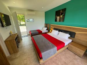 克莱蒙莱罗DOMAINE MAXXIM的一间卧室设有两张床和绿色的墙壁