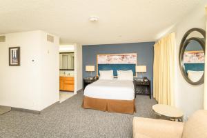 费城Philadelphia Suites at Airport - An Extended Stay Hotel的一间卧室配有一张床、一张沙发和一面镜子