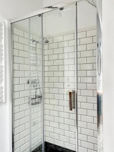 SarnakiLeniwa Kolonia的带淋浴的浴室和玻璃门