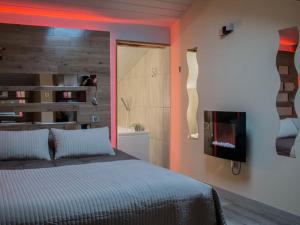 BourgnacÔ Délices de la Monnerie的一间卧室设有一张床和一个壁炉。