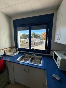 卡拉法特Apartamento calafat的带水槽的厨房台面和窗户