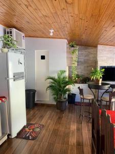 卡斯卡韦尔Casa com Piscina em Região Nobre de Cascavel的一间设有冰箱和植物桌子的房间