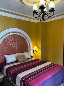 阿瓜斯卡连特斯Hotel La Casa de María Joyita的一间卧室配有一张带吊灯的大床