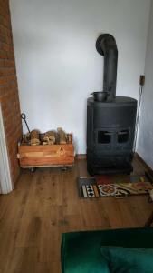 鲁恰内尼达Domek z kominkiem, Ukta 63, Mazury,的客厅设有炉灶,铺有木地板。