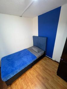 波哥大Hostel Bogotá Niza Tu sitio的一张小床,位于一个蓝色的墙壁内