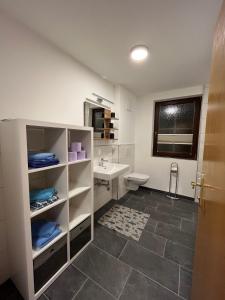 玛丽亚普法尔FeWo HansUndChrista的白色的浴室设有水槽和卫生间。