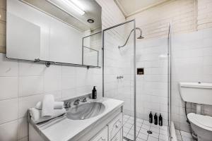 奥兰治The Garden Flat - Mayfield Vineyard Orange的白色的浴室设有水槽和淋浴。