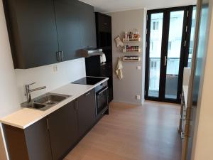 奥斯陆Barcode Oslo - Two-bedroom Apartment in Central Oslo的厨房配有黑色橱柜和水槽