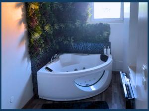 圣康坦01 Le rêve des 1000 bulles By Fanny S的浴室设有白色浴缸,墙上有植物